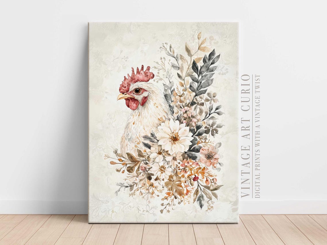 Watercolor White Hen with Floral Bouquet Farmhouse Kitchen Wall Poster