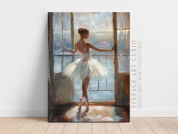 Ballerina Opening French Doors Vintage Oil Painting Ballet Print
