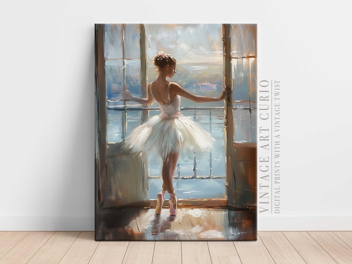Ballerina Opening French Doors Vintage Oil Painting Ballet Print