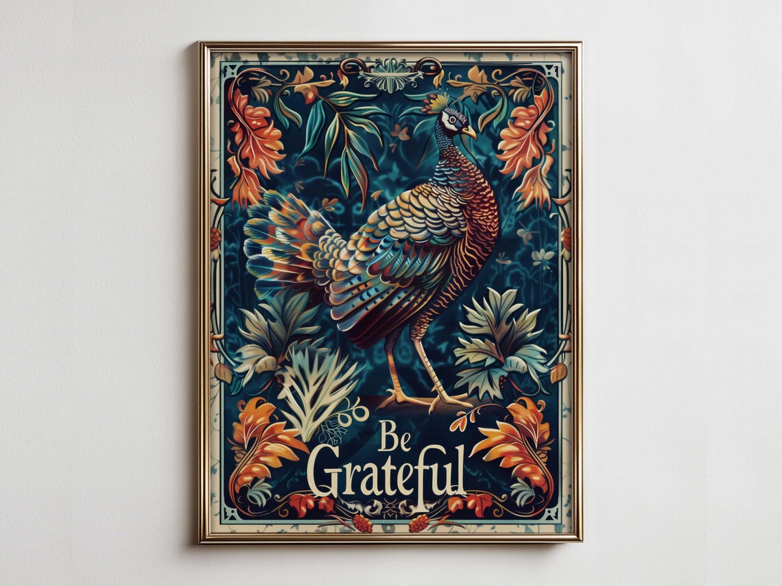 Be Grateful Turkey with Autumn Leaves Vintage Botanical Poster
