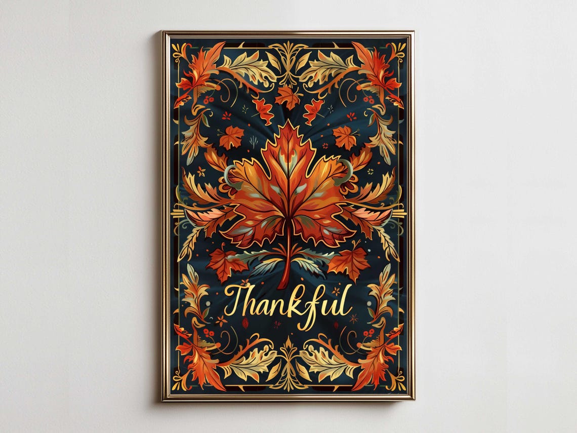 Thankful Golden Maple Leaf Ornate Art Nouveau Fall Harvest Poster