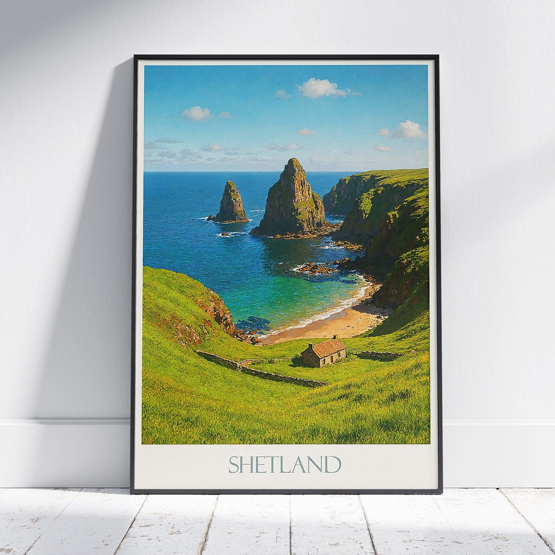 Shetland Sea Stacks Green Cliffs Croft Cottage Coastal Travel Poster