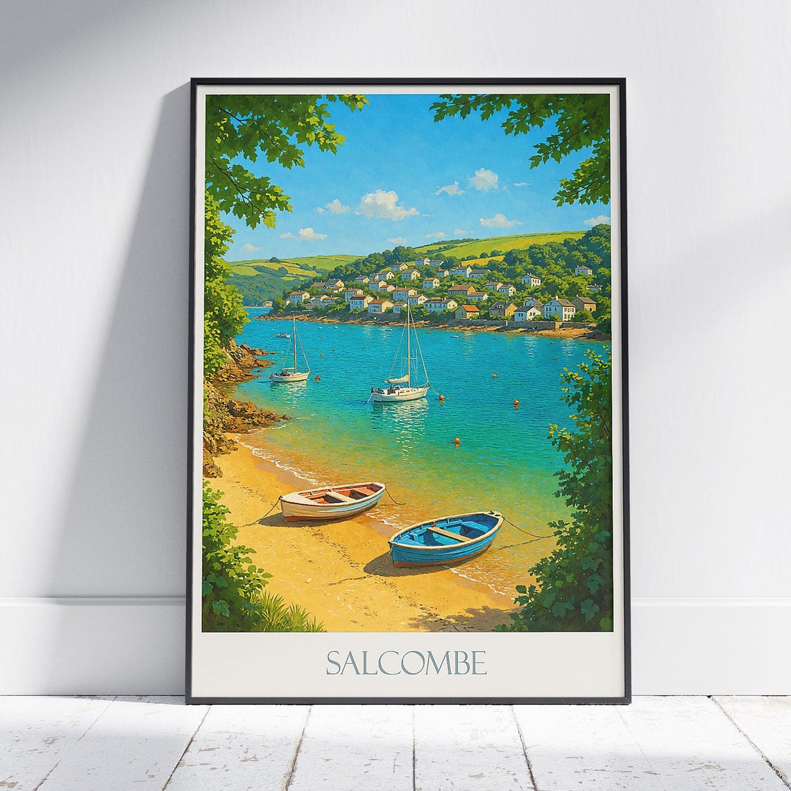 Salcombe Devon Sailing Beach Travel Poster Turquoise Coastal Scene