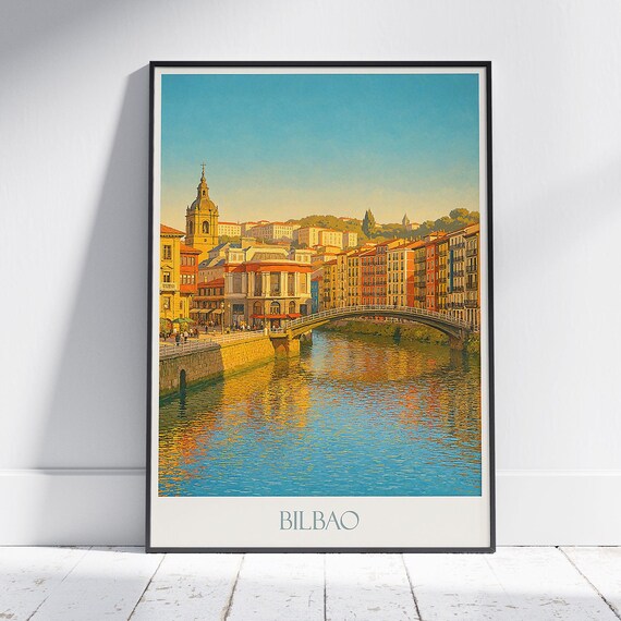 Bilbao Riverfront Bridge Old Town Golden Light Spain Travel Poster