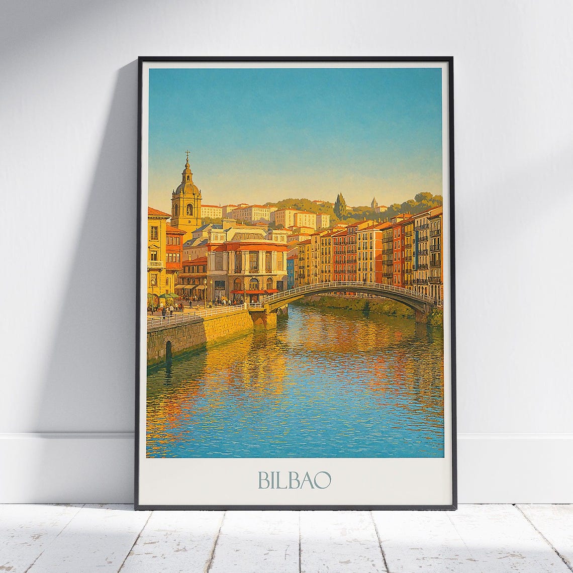Bilbao Riverfront Bridge Old Town Golden Light Spain Travel Poster