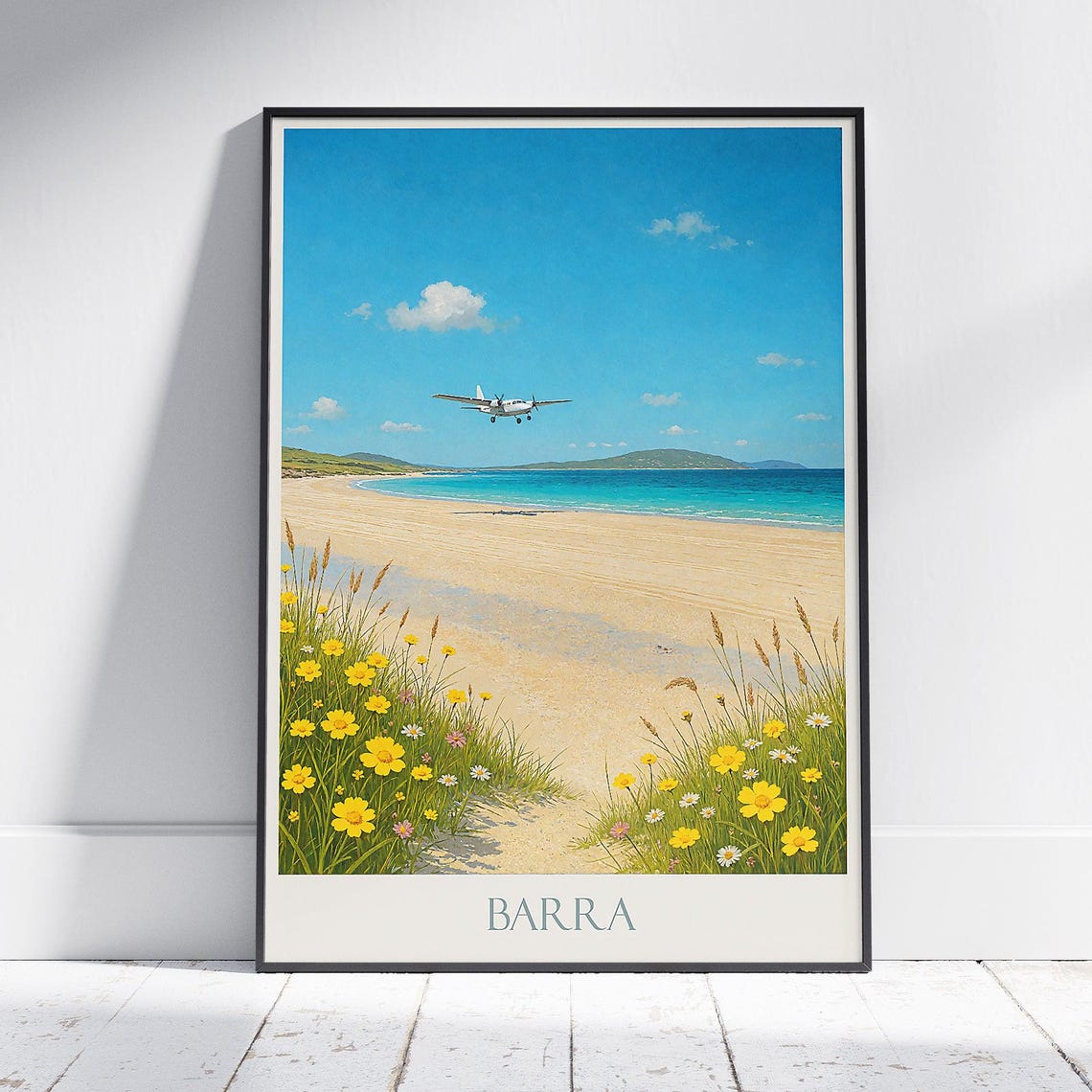 Barra Beach Plane Landing Scottish Isles Seaside Travel Poster