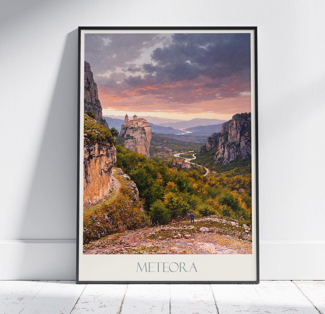 Meteora Greece Monastery Rock Pillar Sunset Painted Travel Poster