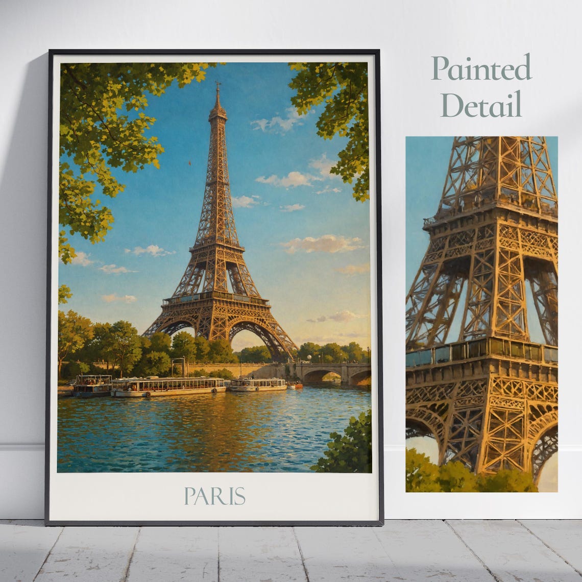 Paris France Eiffel Tower Seine River Boats Painted Travel Poster