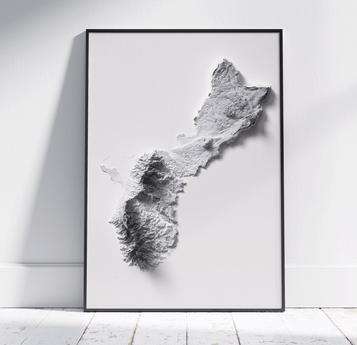 Guam White 3D Shaded Relief Topographic Island Map Wall Poster