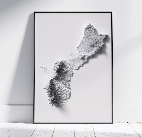 Guam White 3D Shaded Relief Topographic Island Map Wall Poster