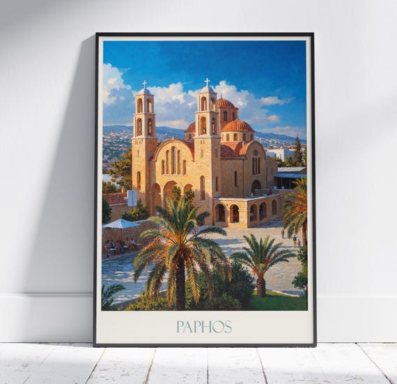 Paphos Travel Print Cyprus Travel Poster Painted Wall Art Home Decor Framed Personalized Print Vacation Travel Gift