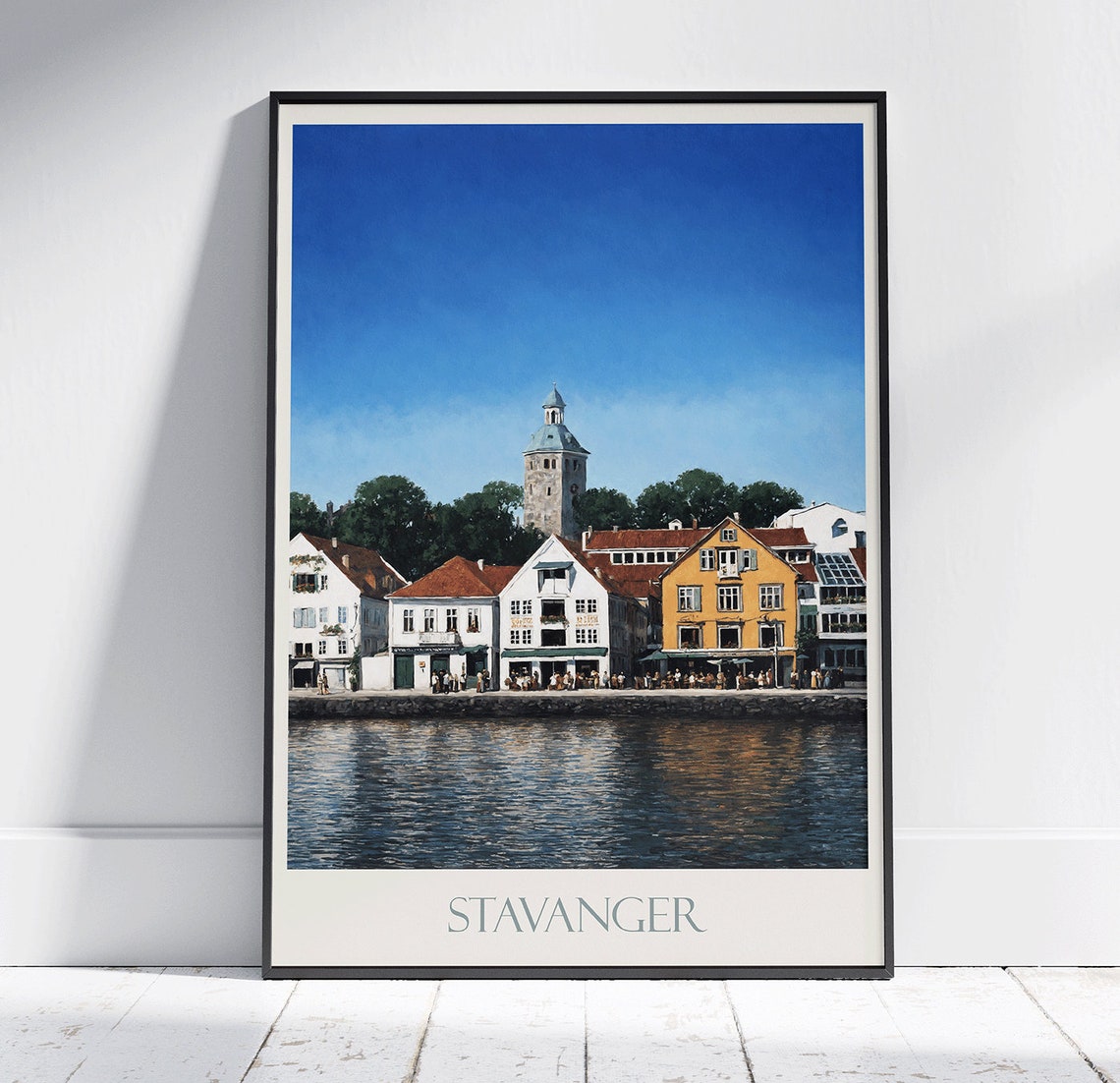 Stavanger Norway Harbor Waterfront Old Town Painted Travel Poster