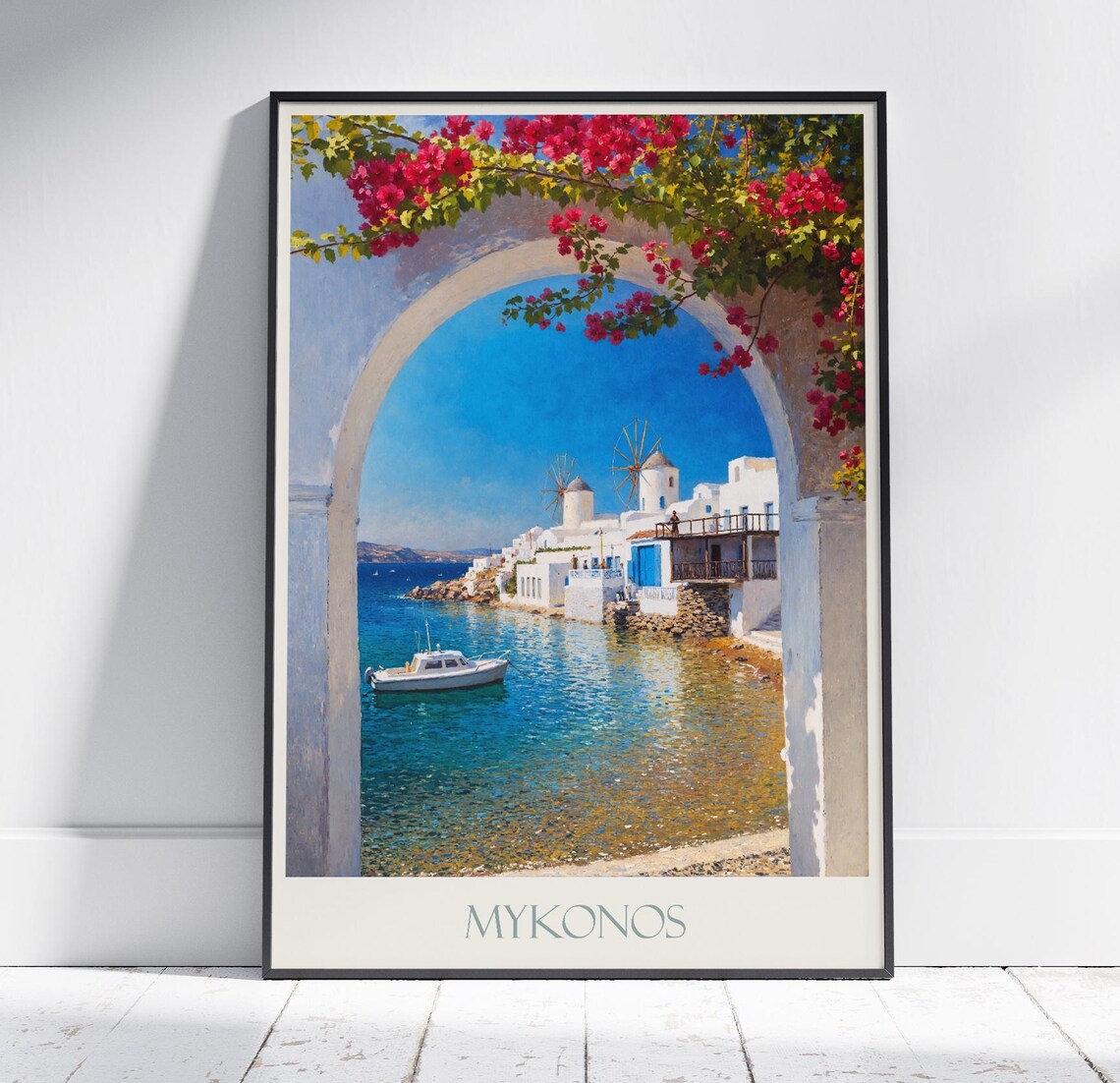 Mykonos Harbor Archway Bougainvillea Aegean Sea Travel Poster