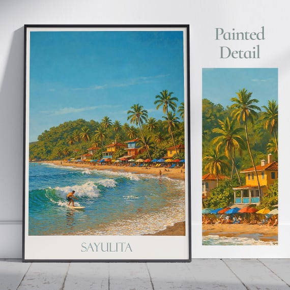 Sayulita Travel Poster Mexico Beach Surf Print Painted Wall Art Home Decor Framed Personalized Vacation Gift