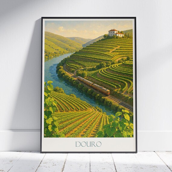 Douro Valley Portugal Terraced Vineyard Train River Travel Poster