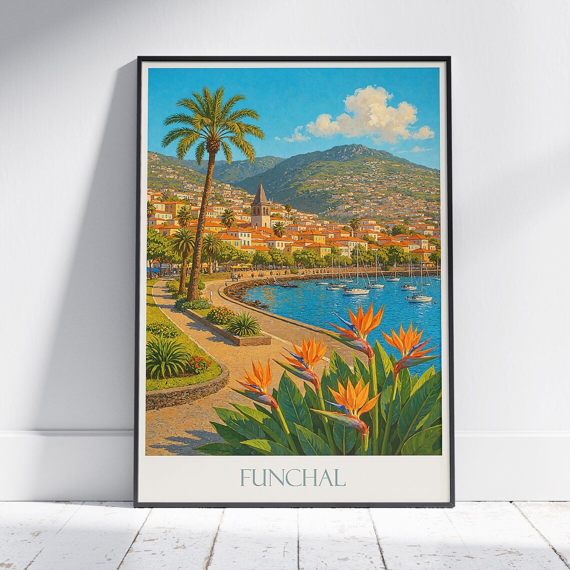 Funchal Madeira Marina Tropical Flowers Bird of Paradise Travel Poster