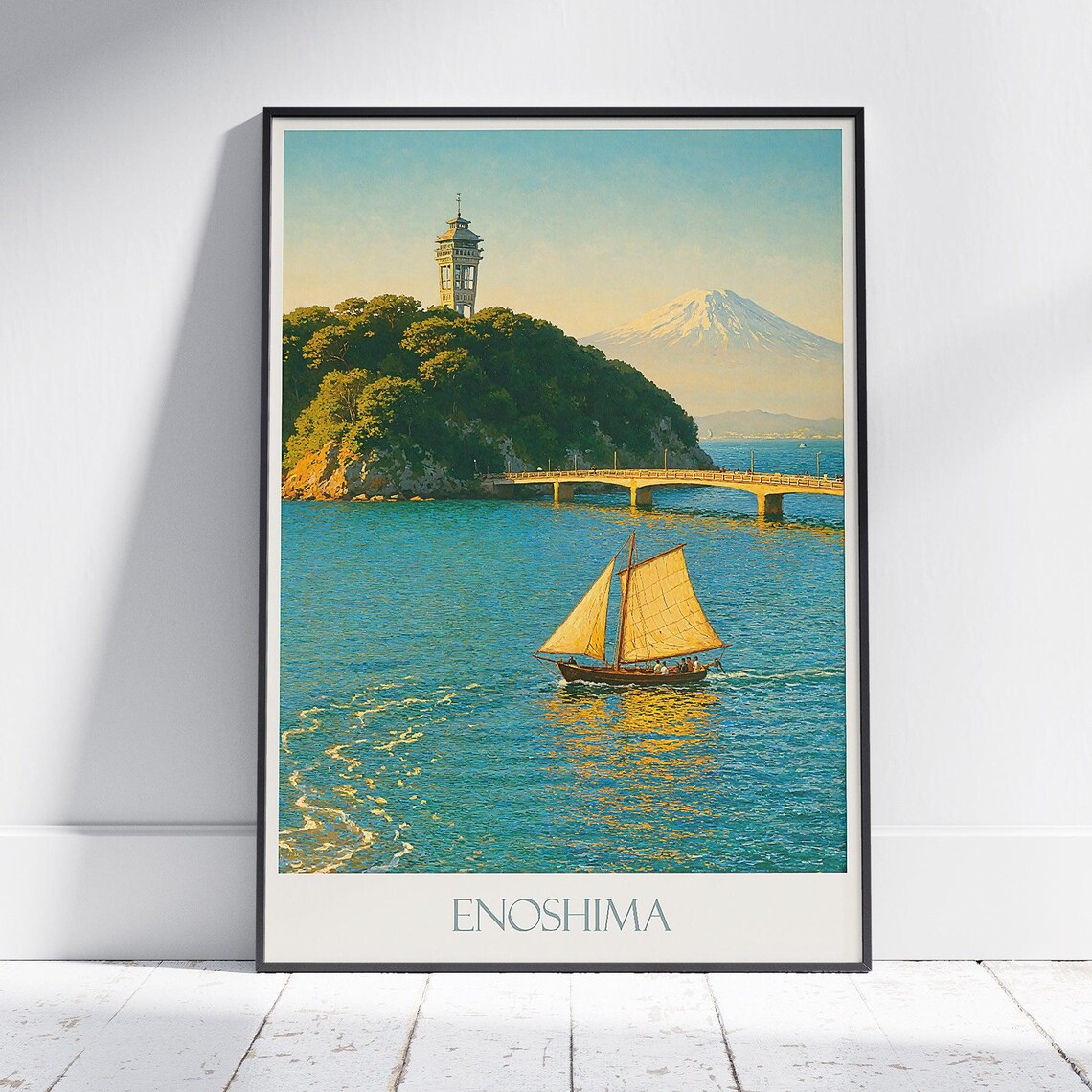 Enoshima Sea Candle Lighthouse Mount Fuji Sailboat Travel Poster