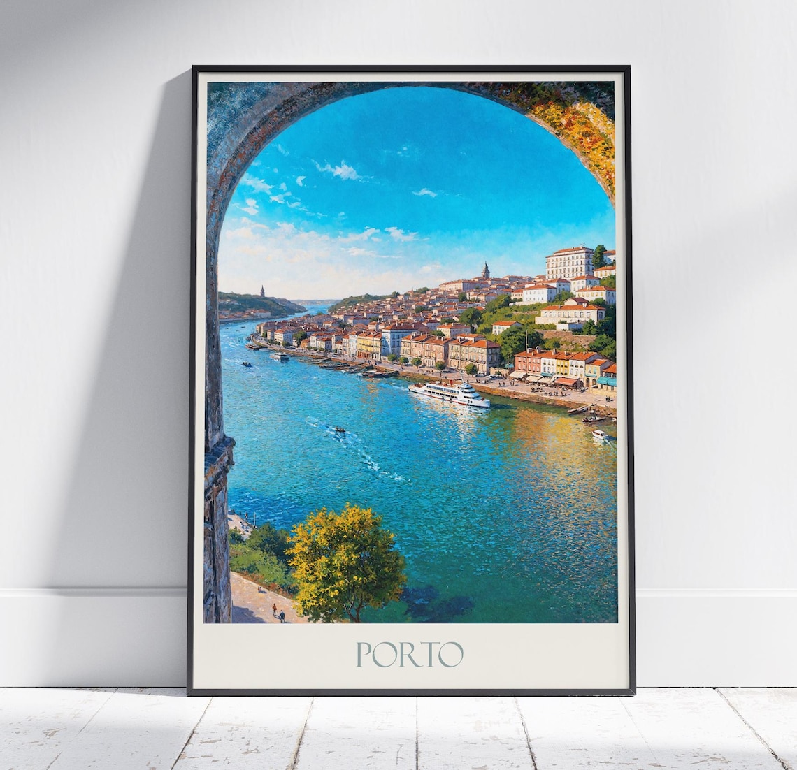 Porto Portugal Douro Riverfront Stone Arch View Painted Travel Poster