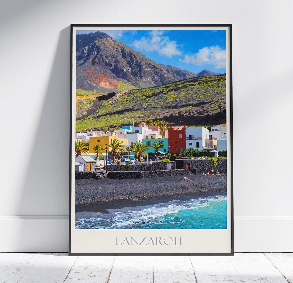Lanzarote Canary Islands Volcanic Beach Village Painted Travel Poster