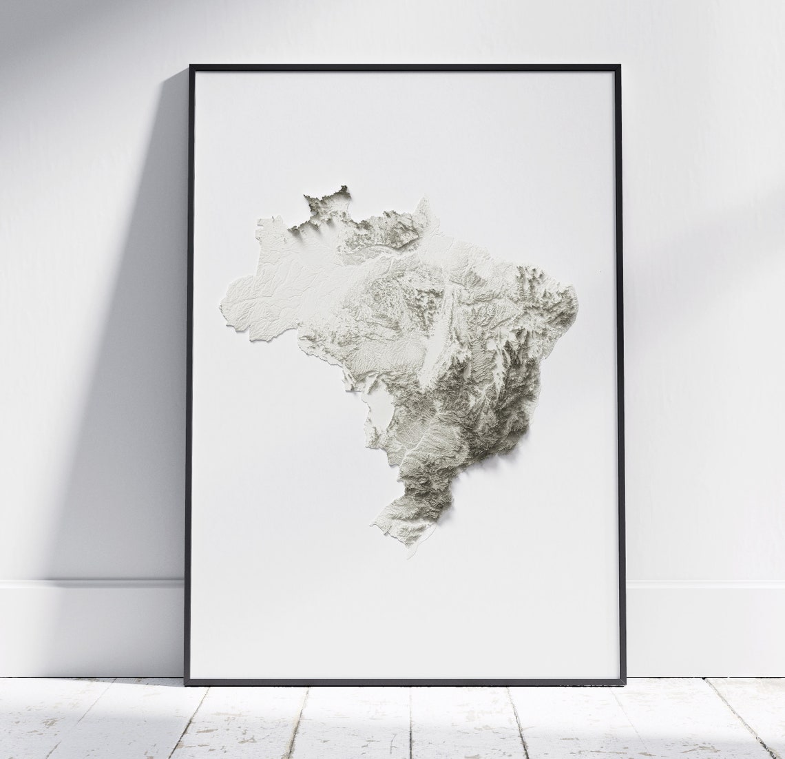 Brazil Minimalist White 3D Shaded Relief Sculpted Map Poster