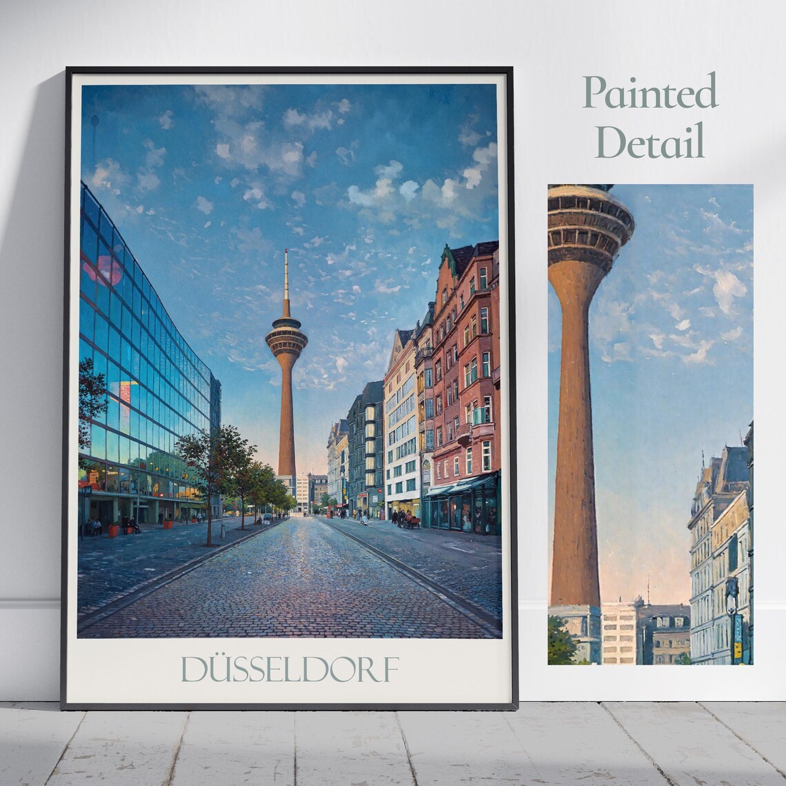 Dusseldorf Germany Rheinturm Tower Painted City Travel Poster