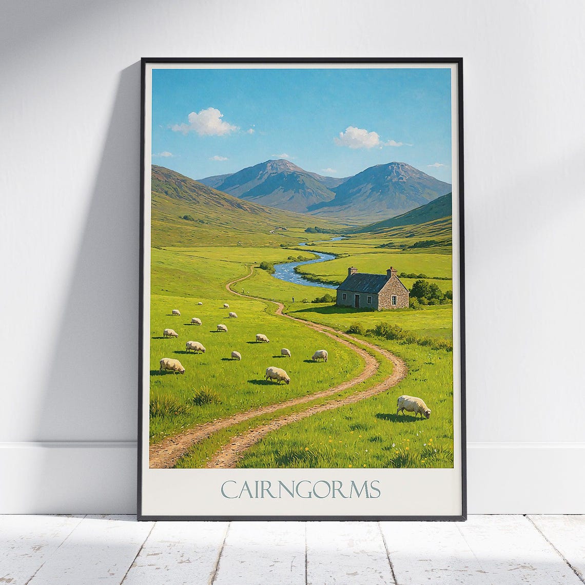 Cairngorms Scotland Sheep Pasture Stone Cottage Mountain Travel Poster