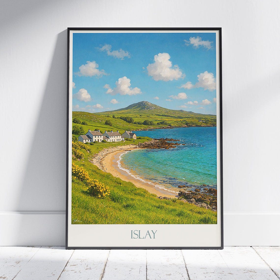 Islay Scotland White Cottages Turquoise Blue Beach Travel Poster