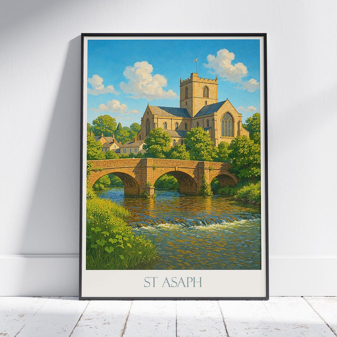 St Asaph Cathedral Stone Bridge River Elwy Wales Travel Poster
