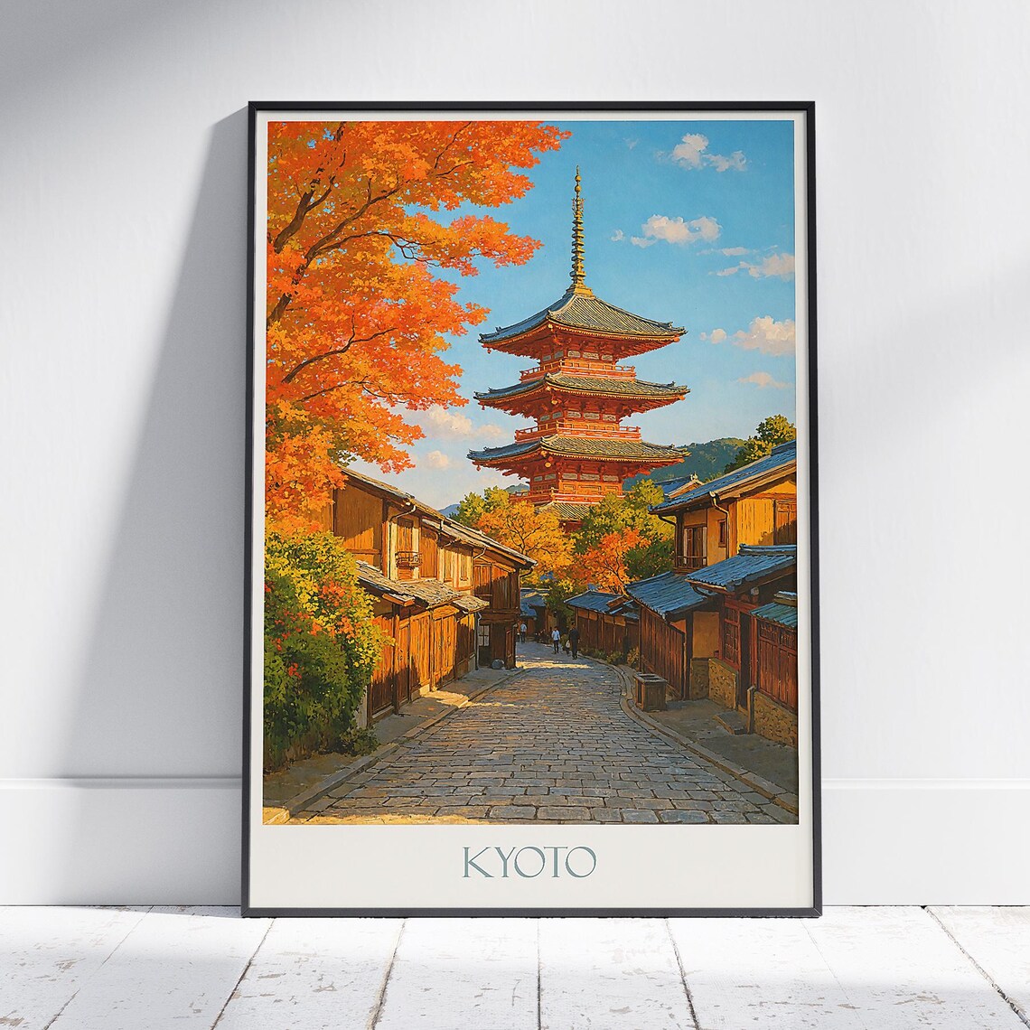 Kyoto Japan Five Story Pagoda Autumn Maple Street Travel Poster