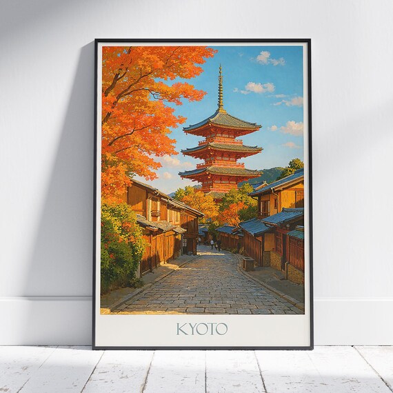 Kyoto Japan Five Story Pagoda Autumn Maple Street Travel Poster