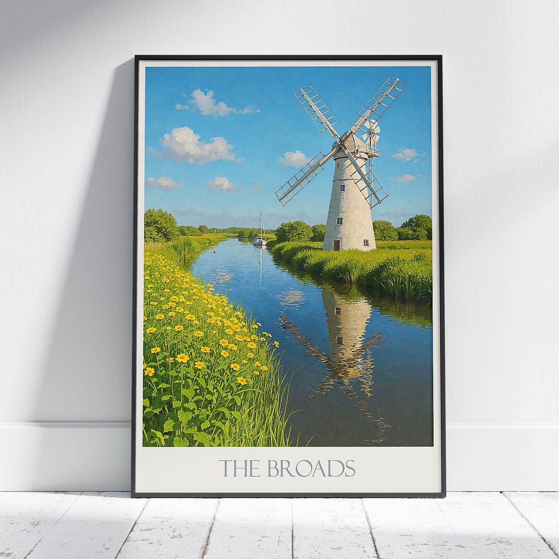 Norfolk Broads Windmill River Yellow Wildflowers Sunny Poster