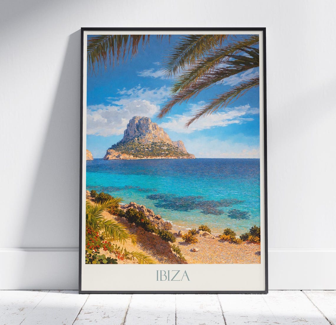 Ibiza Beach Turquoise Sea Palms Sunset Vintage Travel Poster Art
