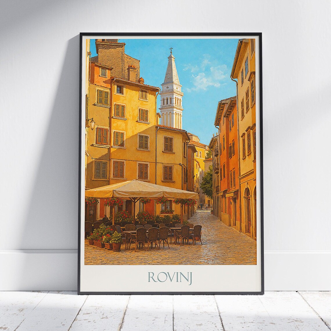 Rovinj Croatia Old Town Cafe Street Sunlit Scene Travel Poster