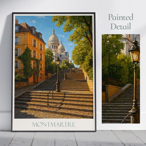 Montmartre Paris Travel Poster Sacrecoeur Steps Art Print French Cityscape Wall Decor Vintage Gift