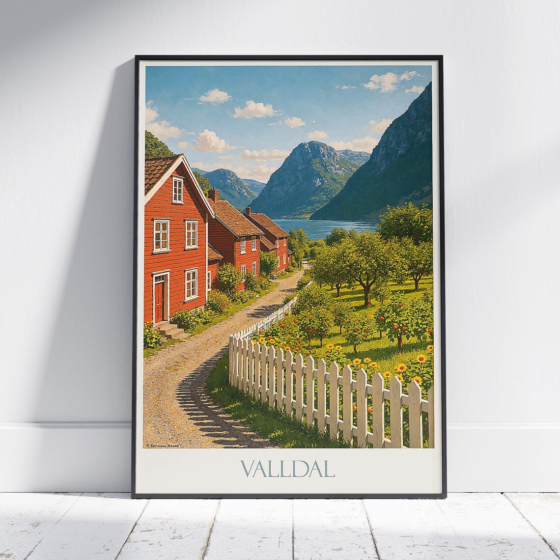 Valldal Norway Red Farmhouses Fjord Village Scenic View Poster