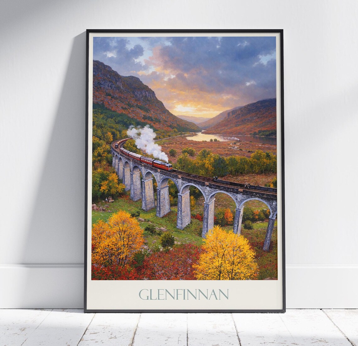 Glenfinnan Viaduct Steam Train Autumn Scotland Vintage Travel Poster