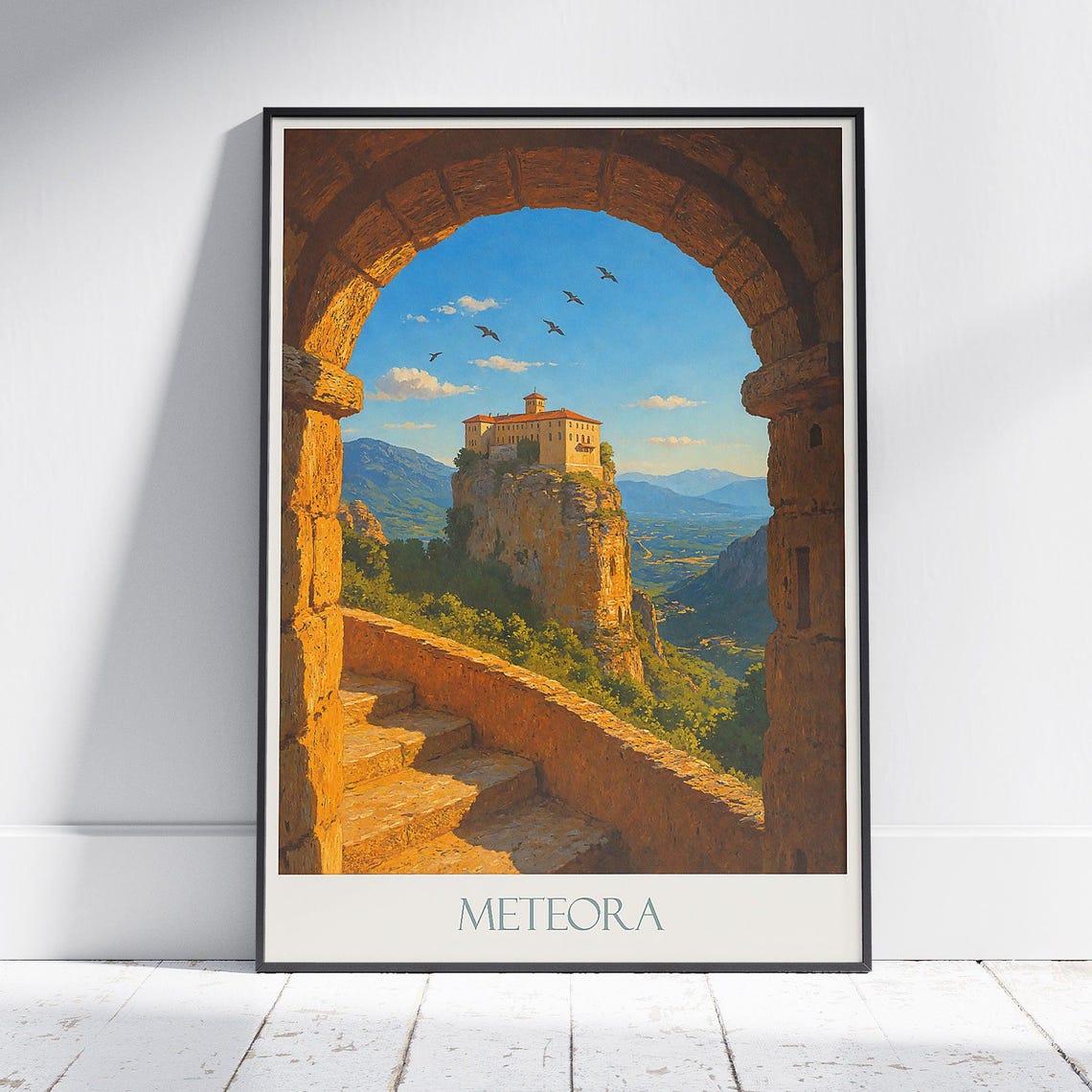 Meteora Greece Rock Monastery Through Stone Arch Travel Poster