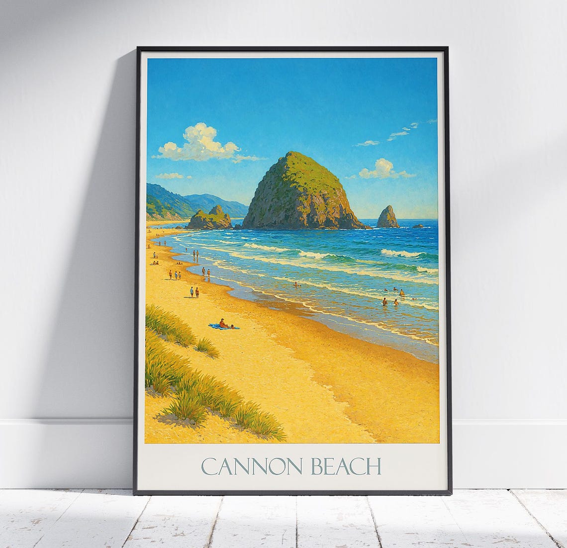 Cannon Beach Oregon Haystack Rock Summer Shoreline Travel Poster
