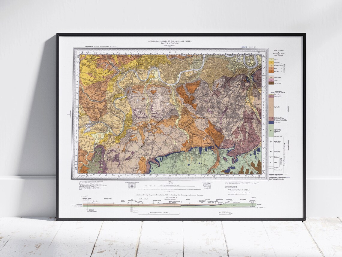 South London Vintage Geological Survey Map Historical Art Print