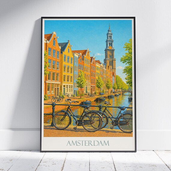 Amsterdam Canal Bicycles And Westerkerk Vintage Travel Poster