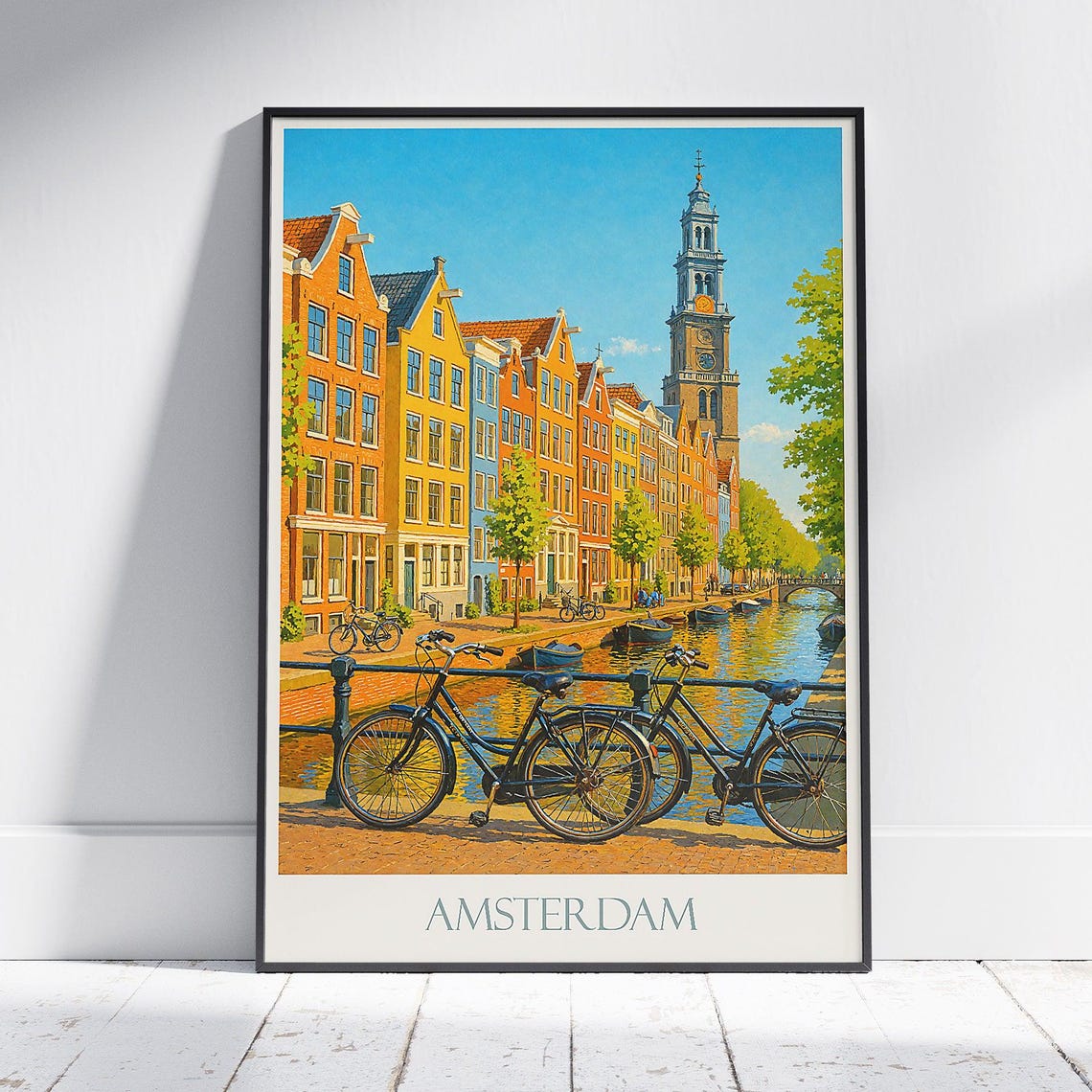 Amsterdam Canal Bicycles And Westerkerk Vintage Travel Poster