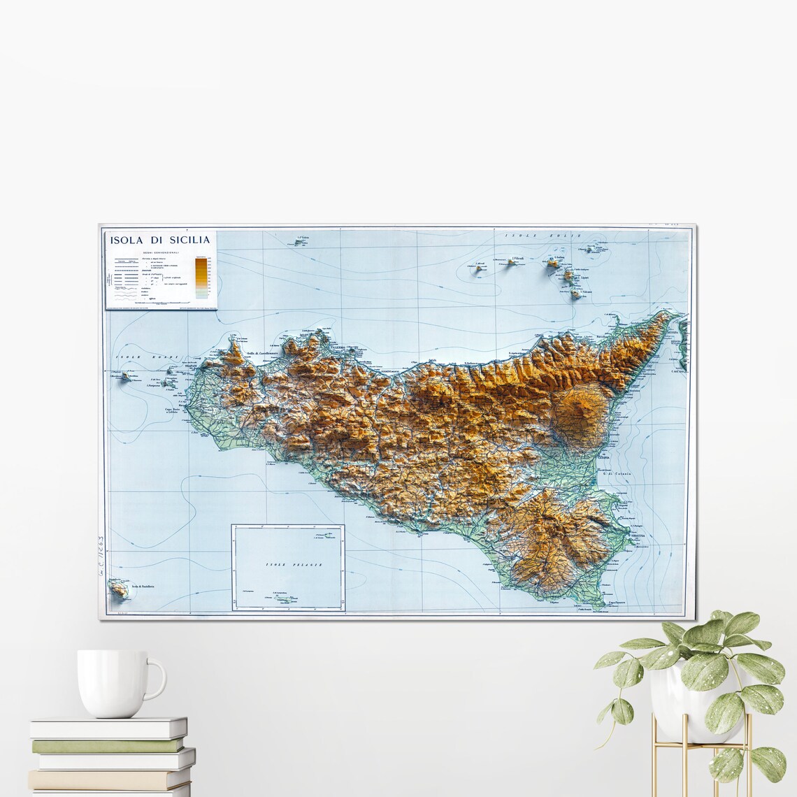 Sicily Italy Flat 2d Shaded Map Vintage Atlas Style Print Poster Wall Art Decor