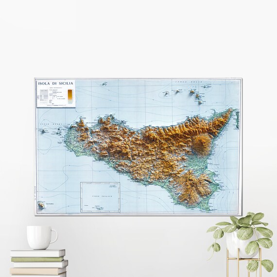 Sicily Italy Flat 2d Shaded Map Vintage Atlas Style Print Poster Wall Art Decor
