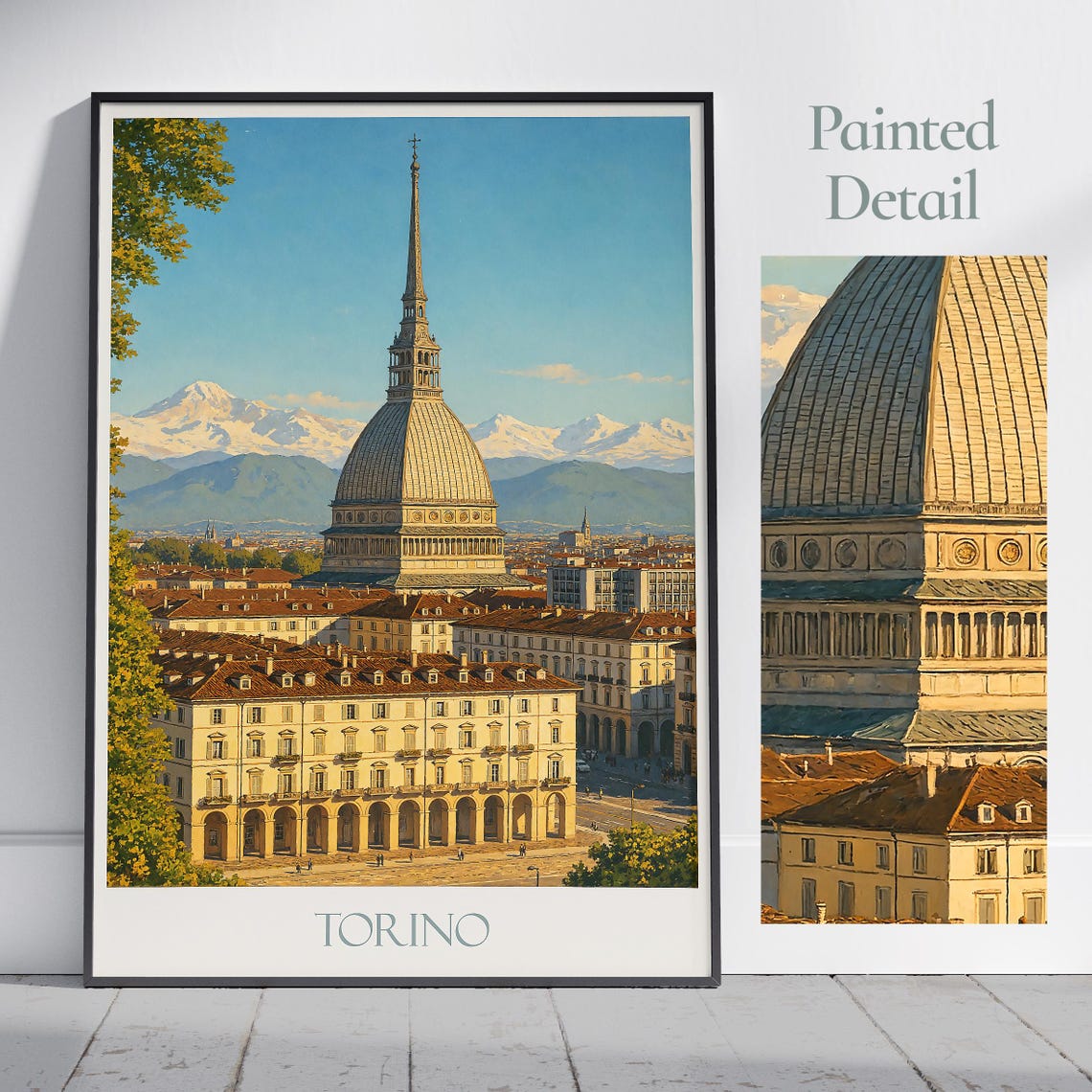 Torino Mole Antonelliana Painted Italy Travel Poster Alps View