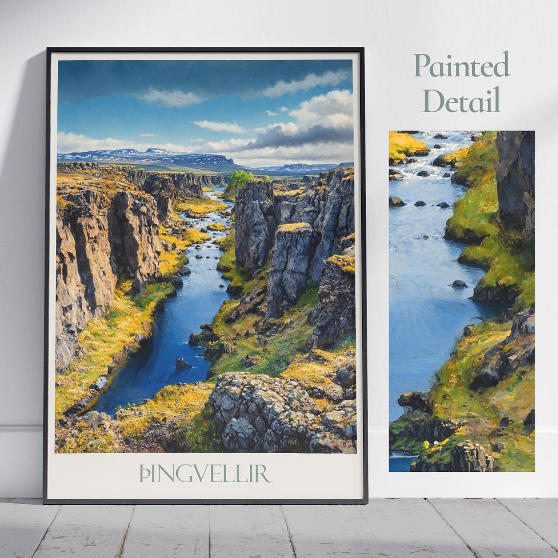 Thingvellir Iceland Canyon River Blue Water Painted Travel Poster