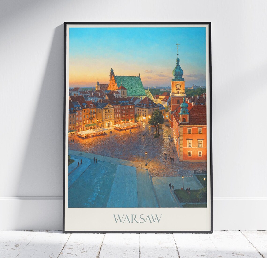 Warsaw Old Town Castle Square Sunset Poland Vintage Travel Poster