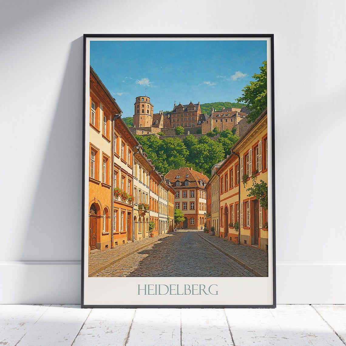 Heidelberg Germany Old Town Cobblestone Street Castle Travel Poster