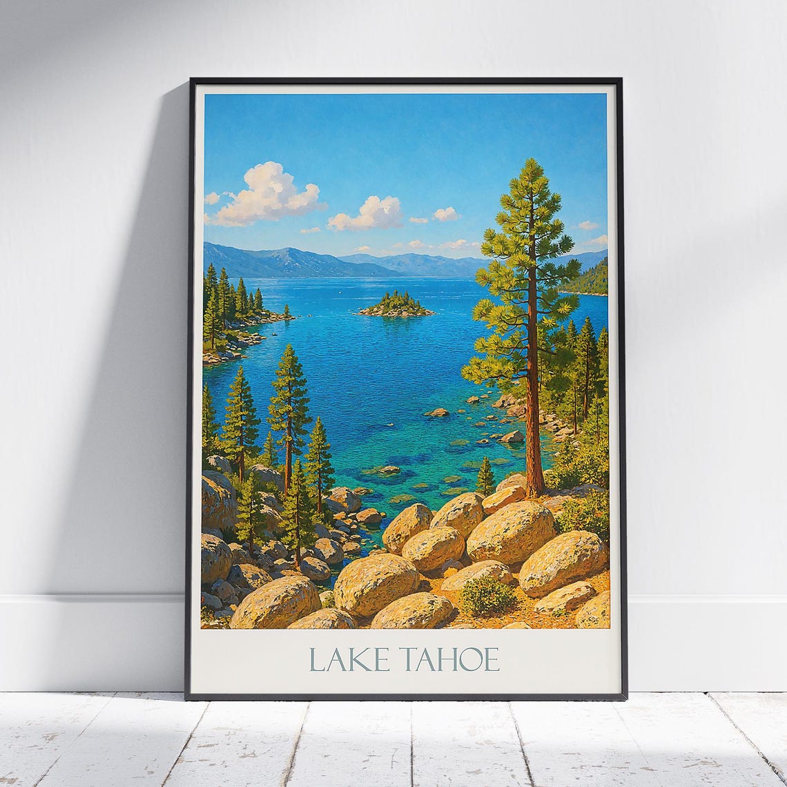 Lake Tahoe Rocky Shore Island Turquoise Water Summer Travel Poster