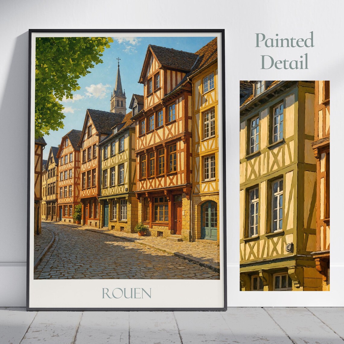 Rouen France Half Timbered Street Cobblestone Painted Travel Poster