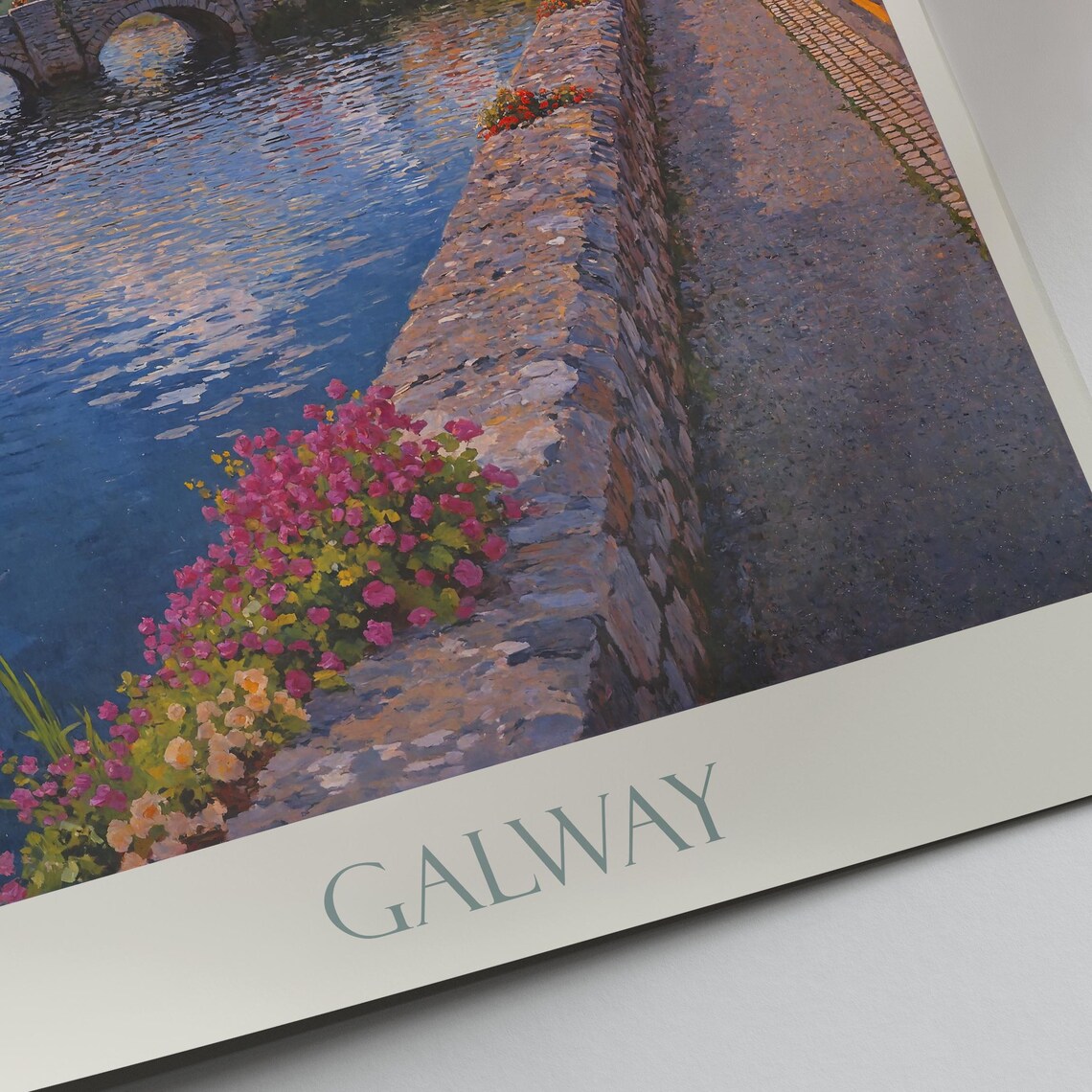 Galway Ireland Colorful Riverside Row Bridge Painted Travel Poster Art - Image 2
